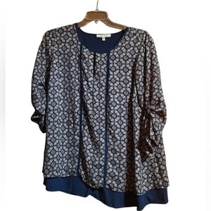 Black Rainn Print Long Sleeve Button 3/4 Sleeve Tunic Style Top Size XL